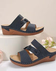 Light Gray Flower PU Leather Wedge Sandals