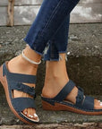 Dark Slate Gray Flower PU Leather Wedge Sandals