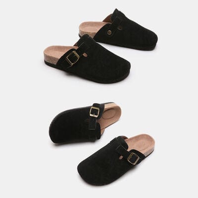 Black Suede Closed Toe Buckle Slide