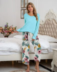 Gray Round Neck Top and Printed Pants Lounge Set