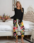 Gray Round Neck Top and Printed Pants Lounge Set