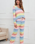 Light Gray Striped Round Neck Long Sleeve Top and Drawstring Pants Lounge Set