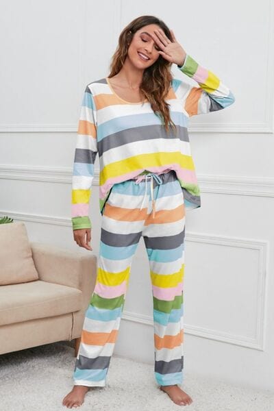 Light Gray Striped Round Neck Long Sleeve Top and Drawstring Pants Lounge Set