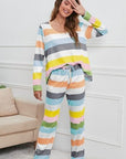 Light Gray Striped Round Neck Long Sleeve Top and Drawstring Pants Lounge Set