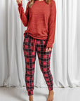 Light Gray Round Neck Top and Drawstring Plaid Pants Lounge Set