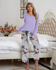 Gray Round Neck Top and Printed Pants Lounge Set