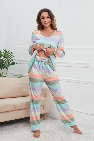 Light Gray Striped Round Neck Long Sleeve Top and Drawstring Pants Lounge Set