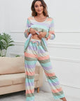 Light Gray Striped Round Neck Long Sleeve Top and Drawstring Pants Lounge Set