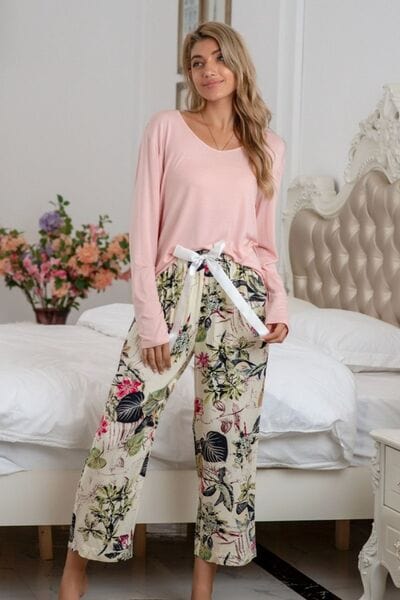 Dark Gray Round Neck Top and Printed Pants Lounge Set