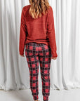 Light Gray Round Neck Top and Drawstring Plaid Pants Lounge Set