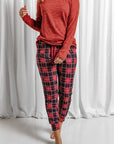 Light Gray Round Neck Top and Drawstring Plaid Pants Lounge Set