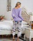 Gray Round Neck Top and Printed Pants Lounge Set