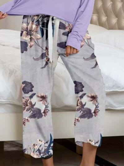 Gray Round Neck Top and Printed Pants Lounge Set