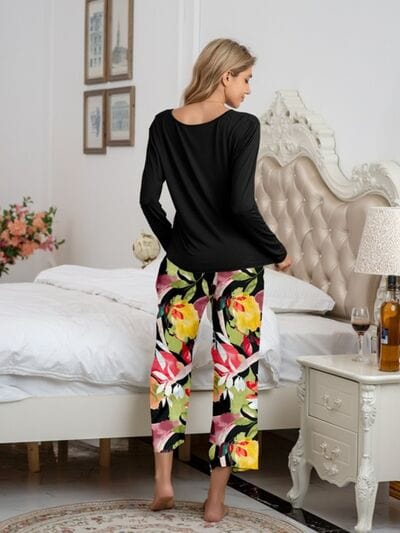 Gray Round Neck Top and Printed Pants Lounge Set