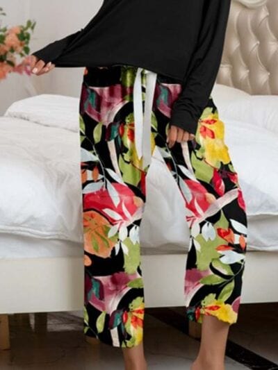 Gray Round Neck Top and Printed Pants Lounge Set