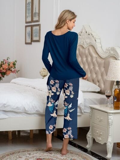 Gray Round Neck Top and Printed Pants Lounge Set