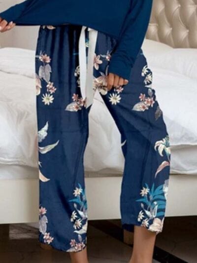 Gray Round Neck Top and Printed Pants Lounge Set