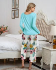 Gray Round Neck Top and Printed Pants Lounge Set