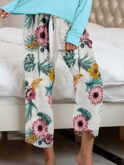 Gray Round Neck Top and Printed Pants Lounge Set