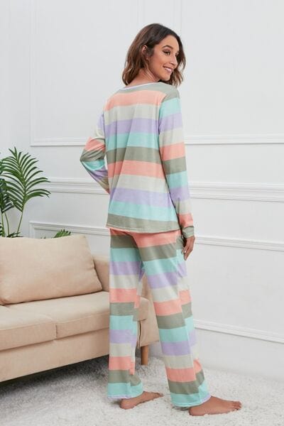 Light Gray Striped Round Neck Long Sleeve Top and Drawstring Pants Lounge Set