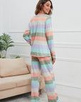 Light Gray Striped Round Neck Long Sleeve Top and Drawstring Pants Lounge Set