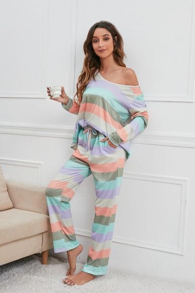 Light Gray Striped Round Neck Long Sleeve Top and Drawstring Pants Lounge Set