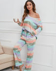 Light Gray Striped Round Neck Long Sleeve Top and Drawstring Pants Lounge Set