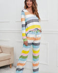 Light Gray Striped Round Neck Long Sleeve Top and Drawstring Pants Lounge Set