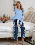 Gray Round Neck Top and Printed Pants Lounge Set