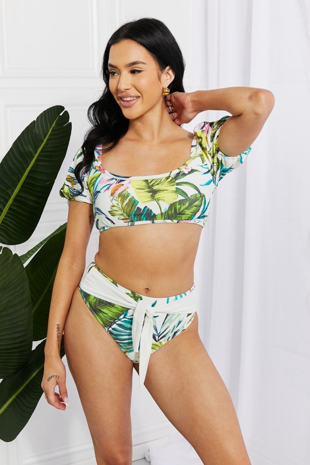 Light Gray Marina West Swim Vacay Ready Puff Sleeve Bikini in Floral