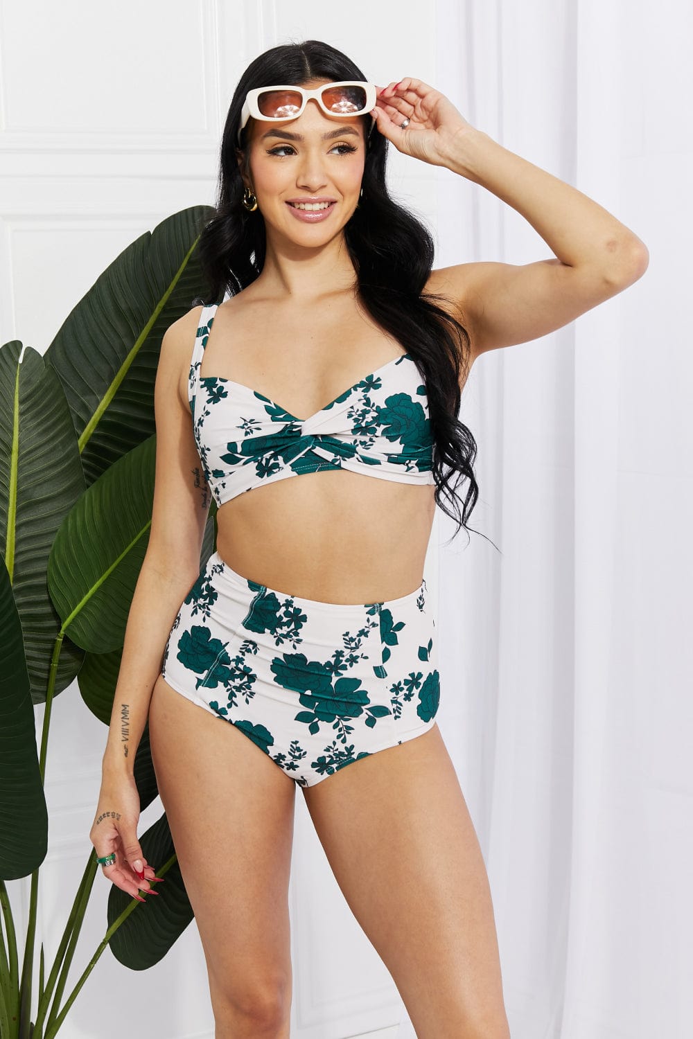 Light Gray Marina West Swim Take A Dip Twist High-Rise Bikini in Forest