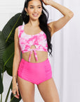 Light Gray Marina West Swim Sanibel Crop Swim Top and Ruched Bottoms Set in Pink