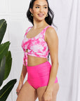 Light Gray Marina West Swim Sanibel Crop Swim Top and Ruched Bottoms Set in Pink