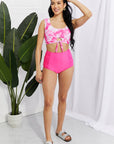 Light Gray Marina West Swim Sanibel Crop Swim Top and Ruched Bottoms Set in Pink