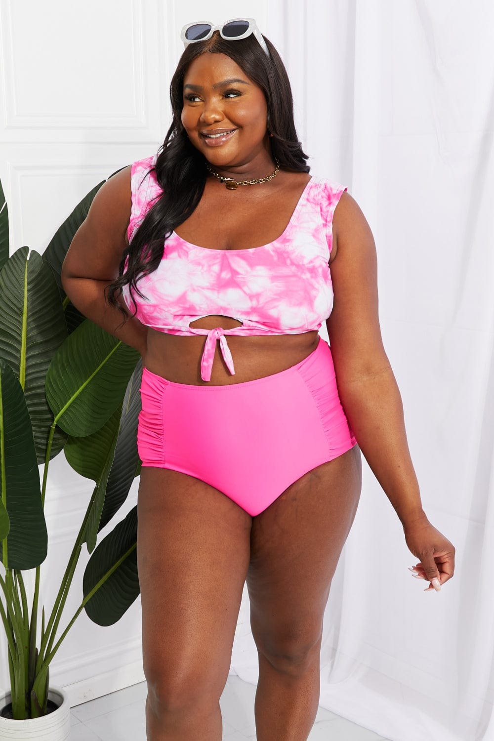 Dark Slate Gray Marina West Swim Sanibel Crop Swim Top and Ruched Bottoms Set in Pink