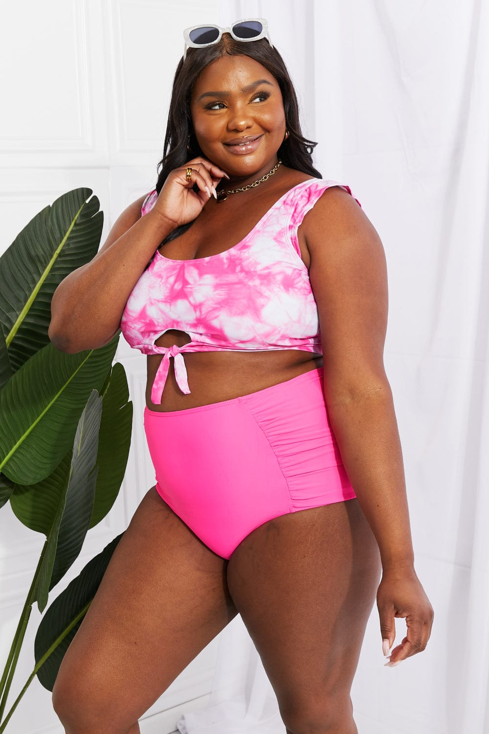 Dark Slate Gray Marina West Swim Sanibel Crop Swim Top and Ruched Bottoms Set in Pink