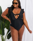 Lavender Marina West Swim Seashell Ruffle Sleeve One-Piece in Black