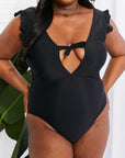 Light Gray Marina West Swim Seashell Ruffle Sleeve One-Piece in Black