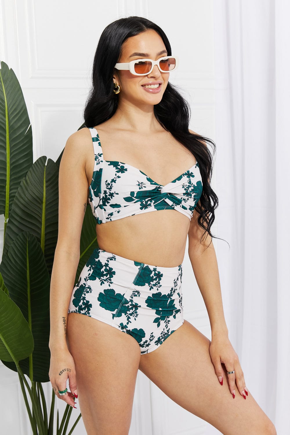 Light Gray Marina West Swim Take A Dip Twist High-Rise Bikini in Forest