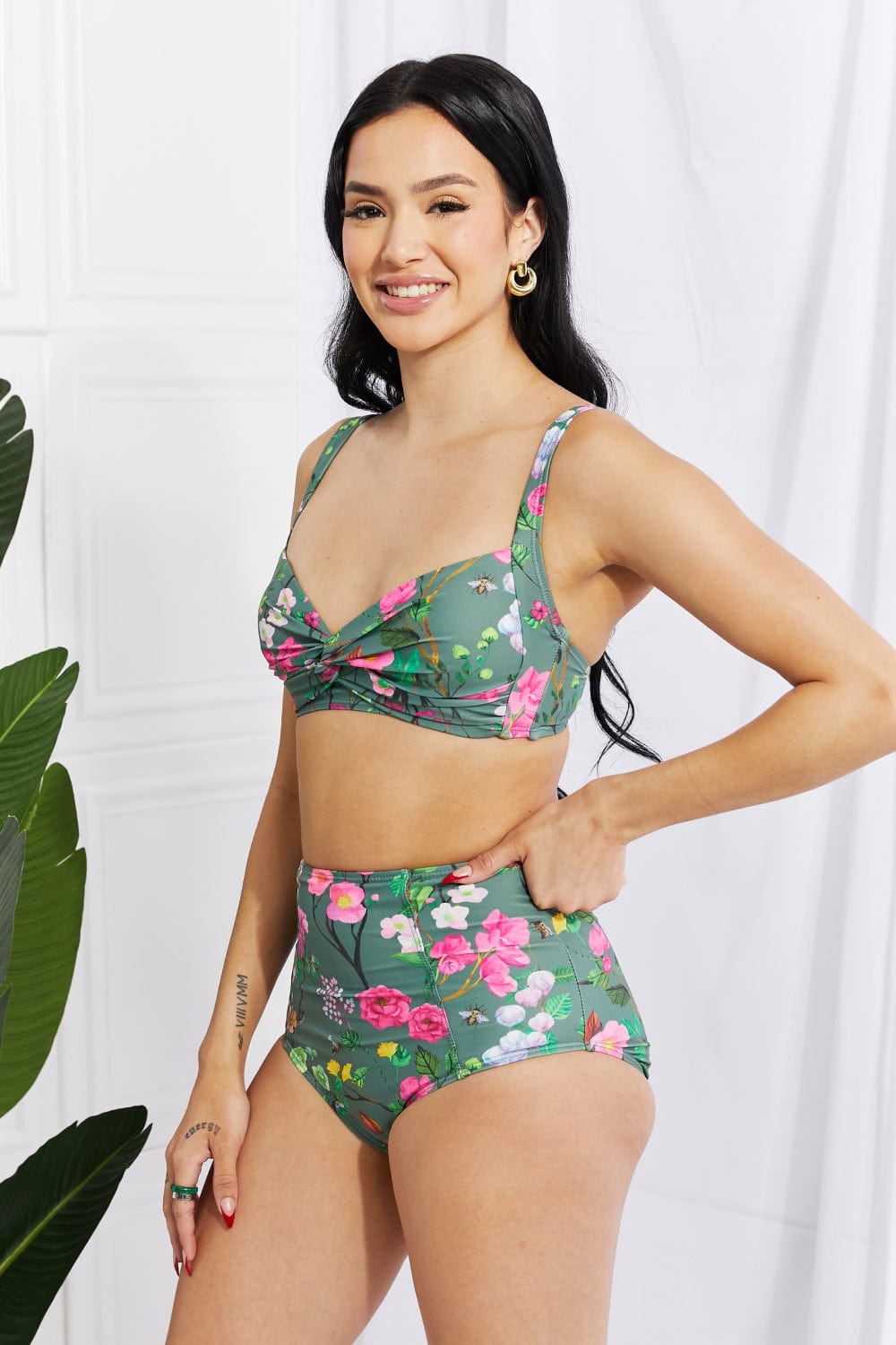 Light Gray Marina West Swim Take A Dip Twist High-Rise Bikini in Sage