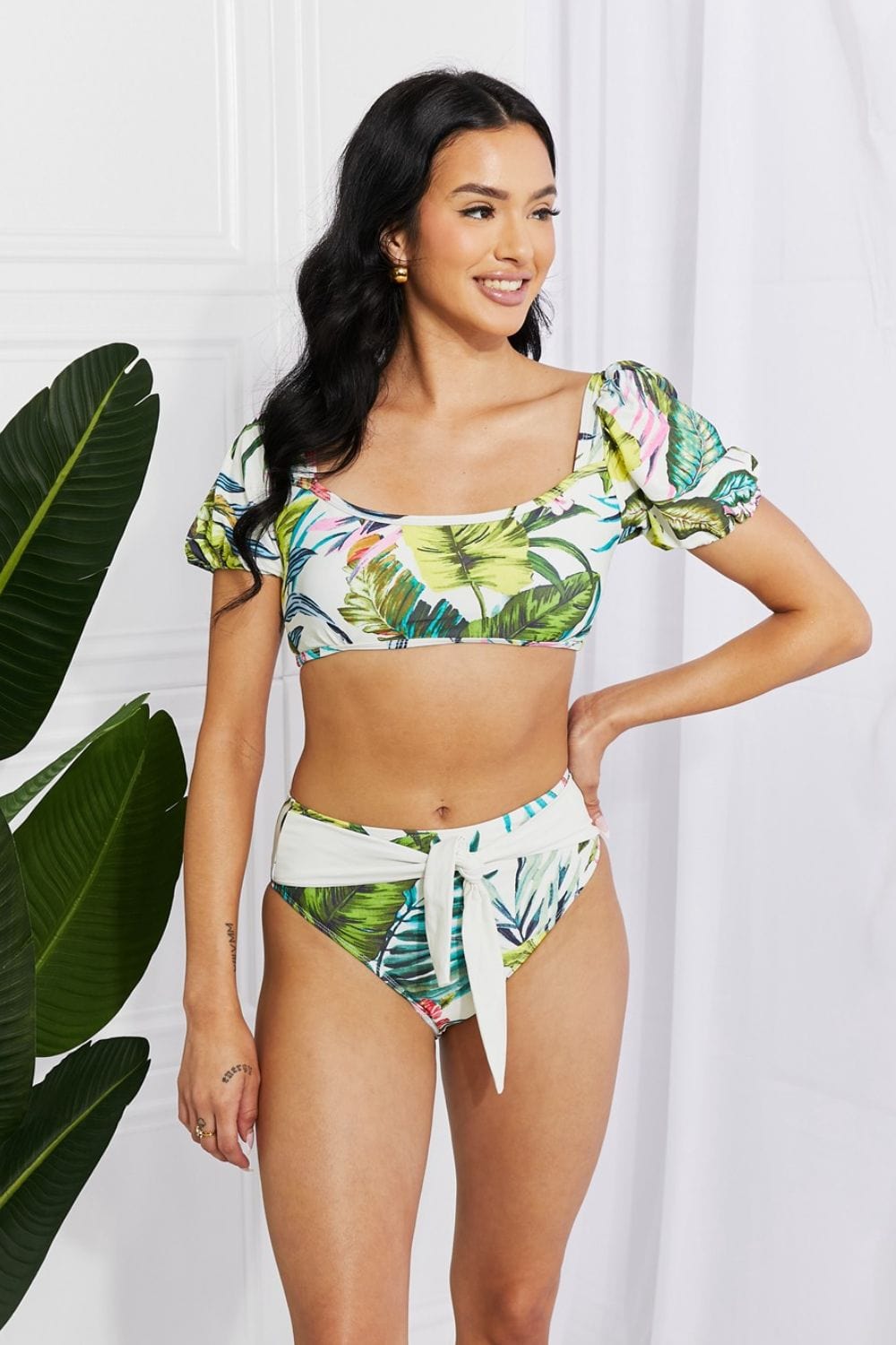 Light Gray Marina West Swim Vacay Ready Puff Sleeve Bikini in Floral