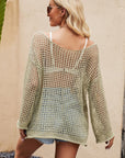 Tan Openwork Round Neck Long Sleeve Cover Up