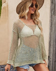 Rosy Brown Openwork Round Neck Long Sleeve Cover Up