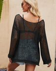 Dark Slate Gray Openwork Round Neck Long Sleeve Cover Up