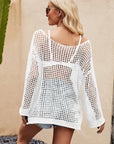 Light Gray Openwork Round Neck Long Sleeve Cover Up