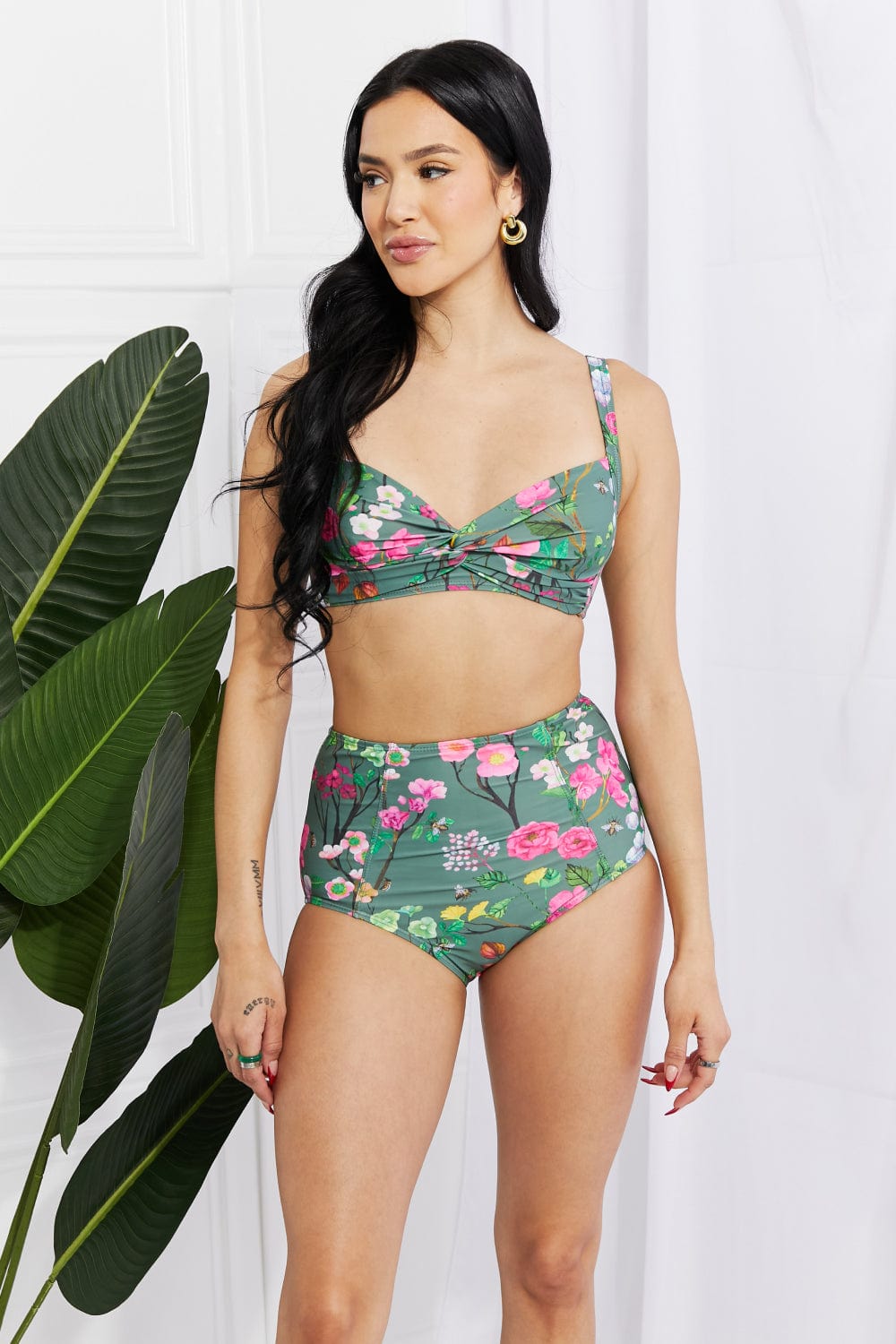 Dark Slate Gray Marina West Swim Take A Dip Twist High-Rise Bikini in Sage