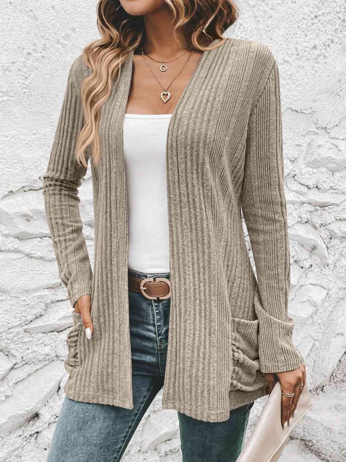 Gray Ribbed Open Front Cardigan with Pockets