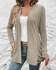 Gray Ribbed Open Front Cardigan with Pockets