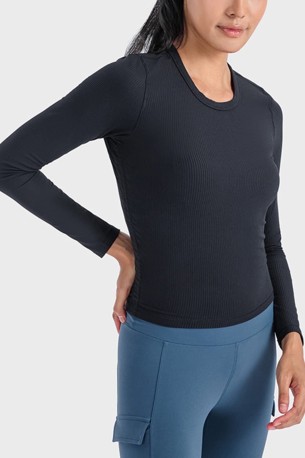 Dark Slate Gray Round Neck Long Sleeve Sports Top