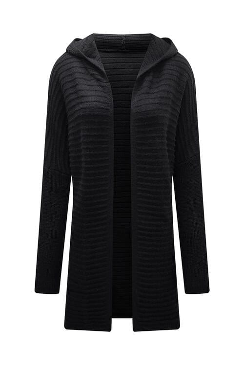 Black Open Front Longline Hooded Cardigan